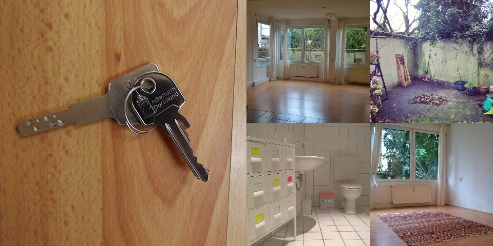 Hausschlüssel und eine Collage aus verschiedenen Ansichten eines Appartements
