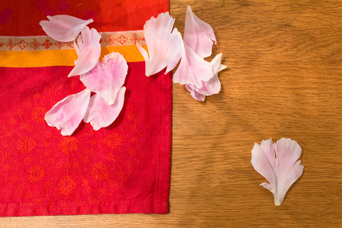 Blütenblätter einer Pfingstrose liegen auf einem Holztisch, darunter ein bunter Läufer