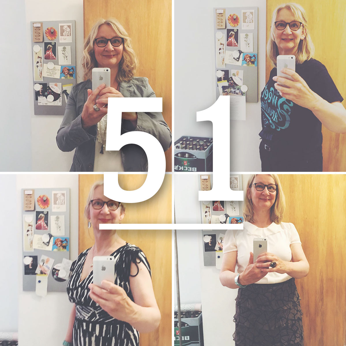 Verschiedene Selfies von Dr. Anke Hedfeld zu einer Collage zusammengefügt. Darüber steht die Zahl 51 mit einem Strick darunter