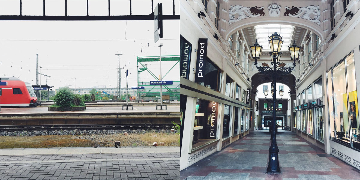 Ein Blick von einem Bahnsteig am Dortmunder Hauptbahnhof, gegenüberliegendes Gleis mit Hinweisschild "Dortmund Hbf", daneben ein Bild aus Dortmunds opulenter Krügerpassage mit Laternen in der Mitte