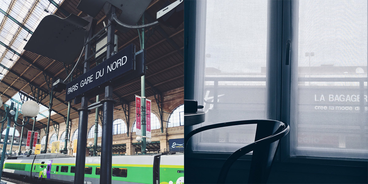 Fotocollage aus zwei Bildern Bahnhof Gare du Nord und Blick aus einem Hotelzimmer Montparnasse Paris