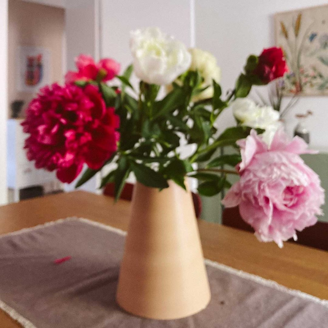 Bunte Pfingstrosen in einer konischen Vase von bloomon